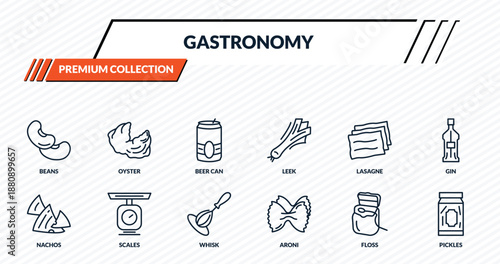 gastronomy icons set - beans, oyster, beer can, scales, pickles outline vector collection.