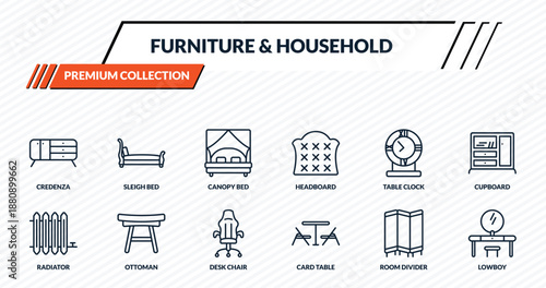 furniture & household icons set - credenza, sleigh bed, canopy bed, ottoman, lowboy outline vector collection.