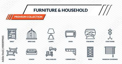 furniture & household icons set - shelf, bird cage, lamps, couch, window coverings outline vector collection.
