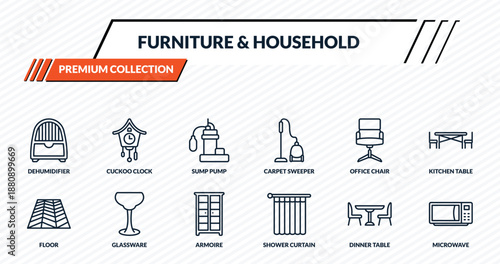 furniture & household icons set - dehumidifier, cuckoo clock, sump pump, glassware, microwave outline vector collection.