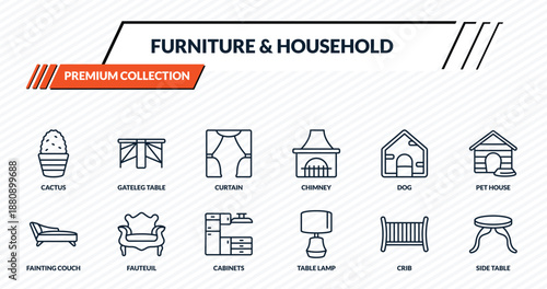 furniture & household icons set - cactus, gateleg table, curtain, fauteuil, side table outline vector collection.