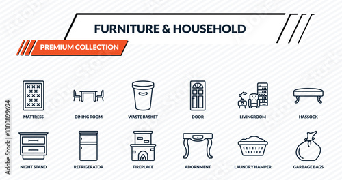 furniture & household icons set - mattress, dining room, waste basket, refrigerator, garbage bags outline vector collection.