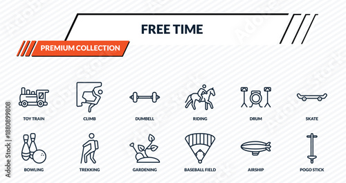 free time icons set - toy train, climb, dumbell, trekking, pogo stick outline vector collection.