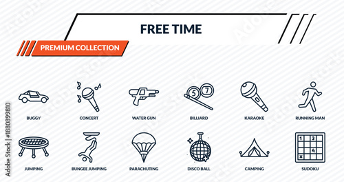 free time icons set - buggy, concert, water gun, bungee jumping, sudoku outline vector collection.