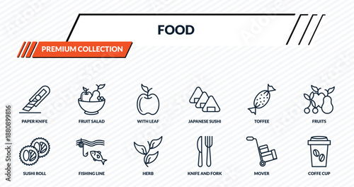 food icons set - paper knife, fruit salad, with leaf, fishing line, coffe cup outline vector collection.