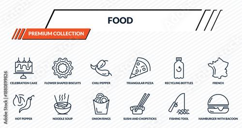 food icons set - celebration cake, flower shaped biscuits, chili pepper, noodle soup, hamburger with bacoon outline vector collection.