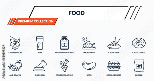 food icons set - chinese food, pint, protein container, dog food, fodder outline vector collection.