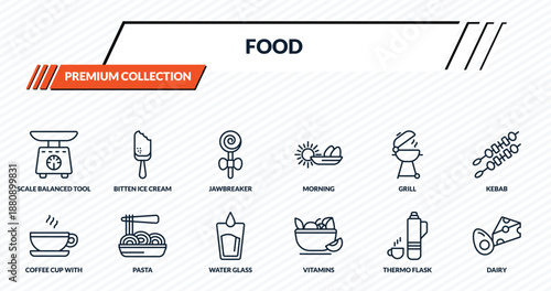 food icons set - scale balanced tool, bitten ice cream, jawbreaker, pasta, dairy outline vector collection.