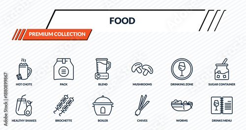 food icons set - hot chote, pack, blend, brochette, drinks menu outline vector collection.