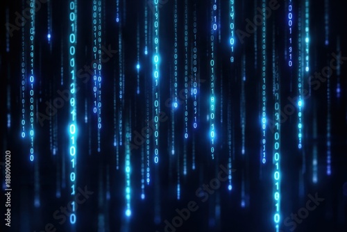 Abstract futuristic data flow of falling binary numbers, glowing blue light columns in cyberspace, concept of coding, AI, network, and digital information background.