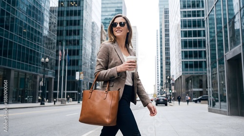 A confident woman walks down a sunlit city street, holding a coffee and a large tote bag. Her leopard print blazer and sunglasses add to her fashionable appearance.