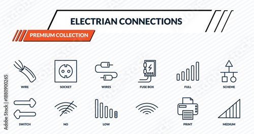 electrian connections icons set - wire, socket, wires, no, medium outline vector collection.