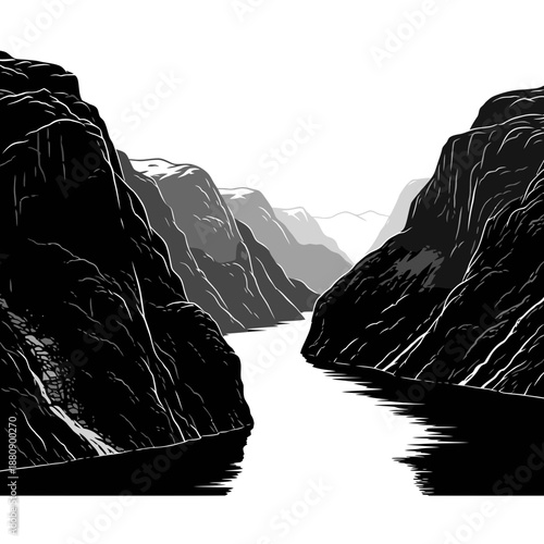 Iconic Black Vector Silhouette of a Majestic Dramatic Fjord Landscape