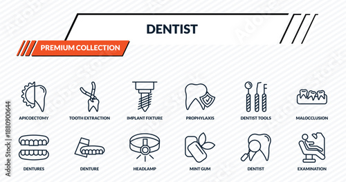 dentist icons set - apicoectomy, tooth extraction, implant fixture, denture, examination outline vector collection.