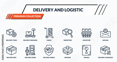 delivery and logistic icons set - delivery tings, delivery weighing, cargo, door, cancelled outline vector collection.