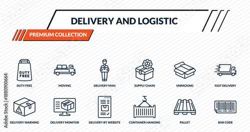 delivery and logistic icons set - duty free, moving, delivery man, delivery monitor, bar code outline vector collection.