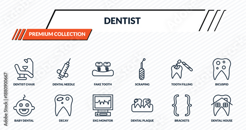 dentist icons set - dentist chair, dental needle, fake tooth, decay, dental house outline vector collection.