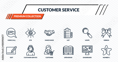customer service icons set - video call, eye, hand shake, customer service, number 1 outline vector collection.
