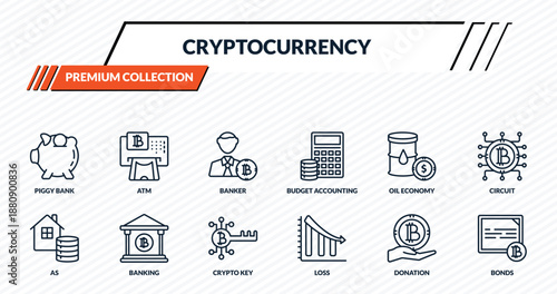 cryptocurrency icons set - piggy bank, atm, banker, banking, bonds outline vector collection.