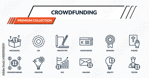 crowdfunding icons set - packaging, gif, prototype, creator, tester outline vector collection.