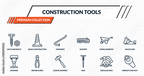 construction tools icons set - nuts and bolts, road construction, crowbar, repair pliers, wrench and nut outline vector collection.