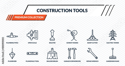 construction tools icons set - plumbing pipes, open scale, bolster, plumb rule tool, gardening rake outline vector collection.