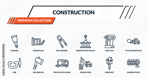 construction icons set - scraper, house plan, big clippers, inclined ax, garden fence outline vector collection.