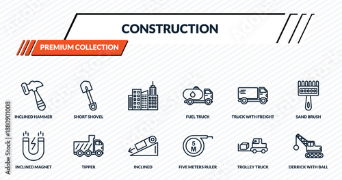 construction icons set - inclined hammer, short shovel, , tipper, derrick with ball outline vector collection.