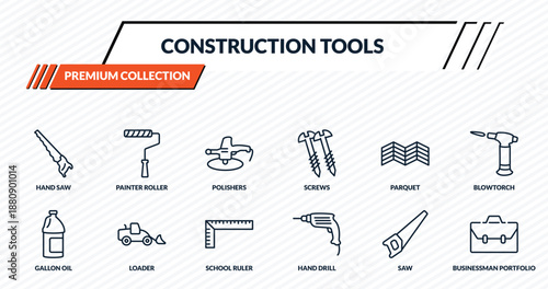 construction tools icons set - hand saw, painter roller, polishers, loader, businessman portfolio outline vector collection.