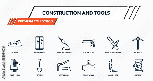 construction and tools icons set - planer, glass wall, iron soldering, spade, copper outline vector collection.