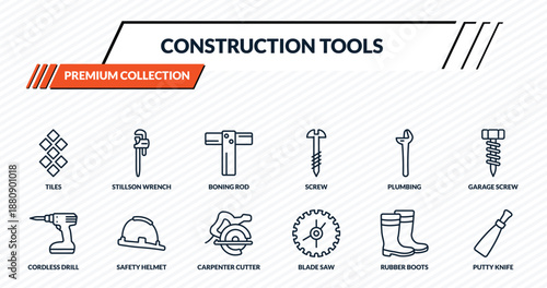 construction tools icons set - tiles, stillson wrench, boning rod, safety helmet, putty knife outline vector collection.