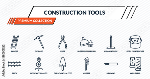 construction tools icons set - ladder, pick axe, plier, hook with cargo, wallpaper outline vector collection.