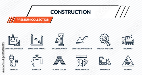 construction icons set - construction plan, stairs with handle, big derrick with boxes, stopcock, working outline vector collection.