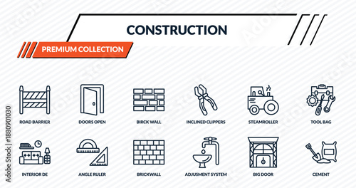 construction icons set - road barrier, doors open, birck wall, angle ruler, cement outline vector collection.