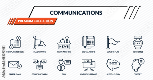 communications icons set - complaints book, flag waving, news anchor, constructivism, theory outline vector collection.