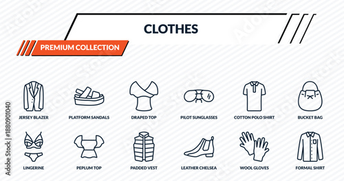 clothes icons set - jersey blazer, platform sandals, draped top, peplum top, formal shirt outline vector collection.