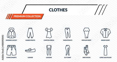 clothes icons set - hooded jacket, harem pants, chiffon dress, loafer, long sleeveless dress outline vector collection.