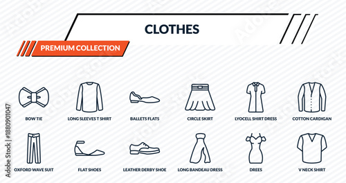clothes icons set - bow tie, long sleeves t shirt, ballets flats, flat shoes, v neck shirt outline vector collection.