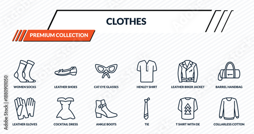 clothes icons set - women socks, leather shoes, cat eye glasses, cocktail dress, collarless cotton shirt outline vector collection.