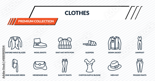 clothes icons set - oxford wave blazer, wool boots, knit hat with pom pom, messenger bag, pegged pants outline vector collection.