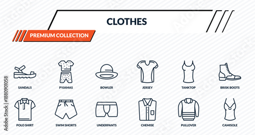 clothes icons set - sandals, pyjamas, bowler, swim shorts, camisole outline vector collection.