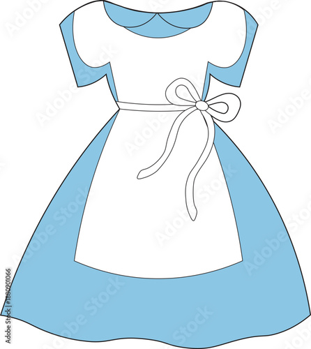 Whimsical illustration of a blue storybook dress inspired by Alice in Wonderland. Ideal for fairytale designs, party invitations, children’s graphics, and whimsical branding.