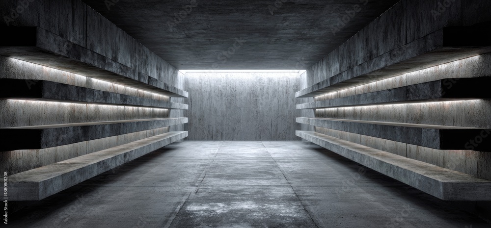 Fototapeta premium Dark concrete hall with shelves illuminated with light strips, perspective view