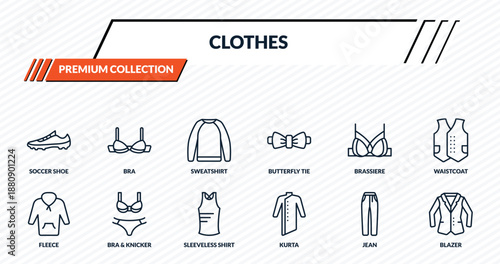 clothes icons set - soccer shoe, bra, sweatshirt, bra & knicker, blazer outline vector collection.