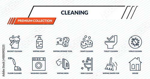 cleaning icons set - bucket cleanin, wiping soap, wiping sponge tool, washing cleanin, house outline vector collection.