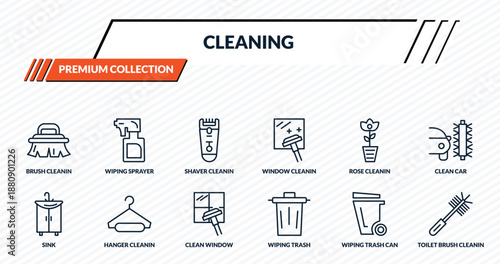 cleaning icons set - brush cleanin, wiping sprayer, shaver cleanin, hanger cleanin, toilet brush outline vector collection.