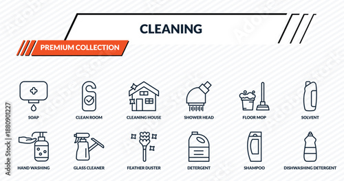 cleaning icons set - soap, clean room, cleaning house, glass cleaner, dishwashing detergent outline vector collection.