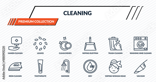 cleaning icons set - hands cleanin, leaves, clean dishes, toothpaste, vacuum outline vector collection.