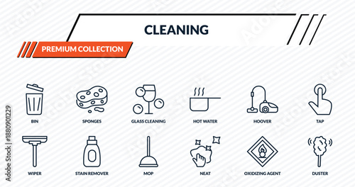 cleaning icons set - bin, sponges, glass cleaning, stain remover, duster outline vector collection.