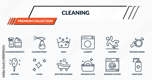 cleaning icons set - cleaning products, cleaning spray, soak, clean, hand soap outline vector collection.
